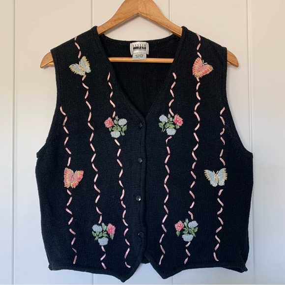 Vintage Leslie Fay Black Embroidered Floral Sweater Vest - Picture 1 of 7